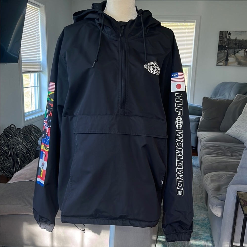 HUF Black Windbreaker with Graphic Sleeve Details
